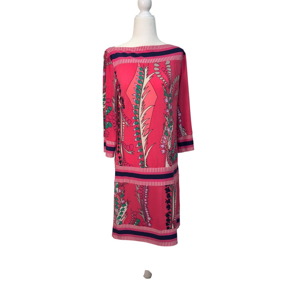 Ali Ro Pink Tropical Botanical Print Boat Neck Shift Dress Size 8 3/4 Sleeve